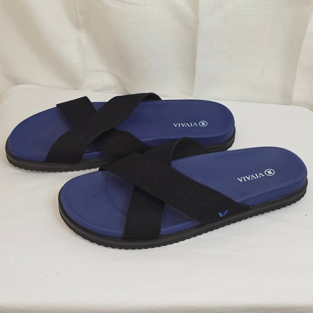 Vivaia Blue Black Crisscross Knit Sustainable Slide Sandals Mens 9 / Womens 11